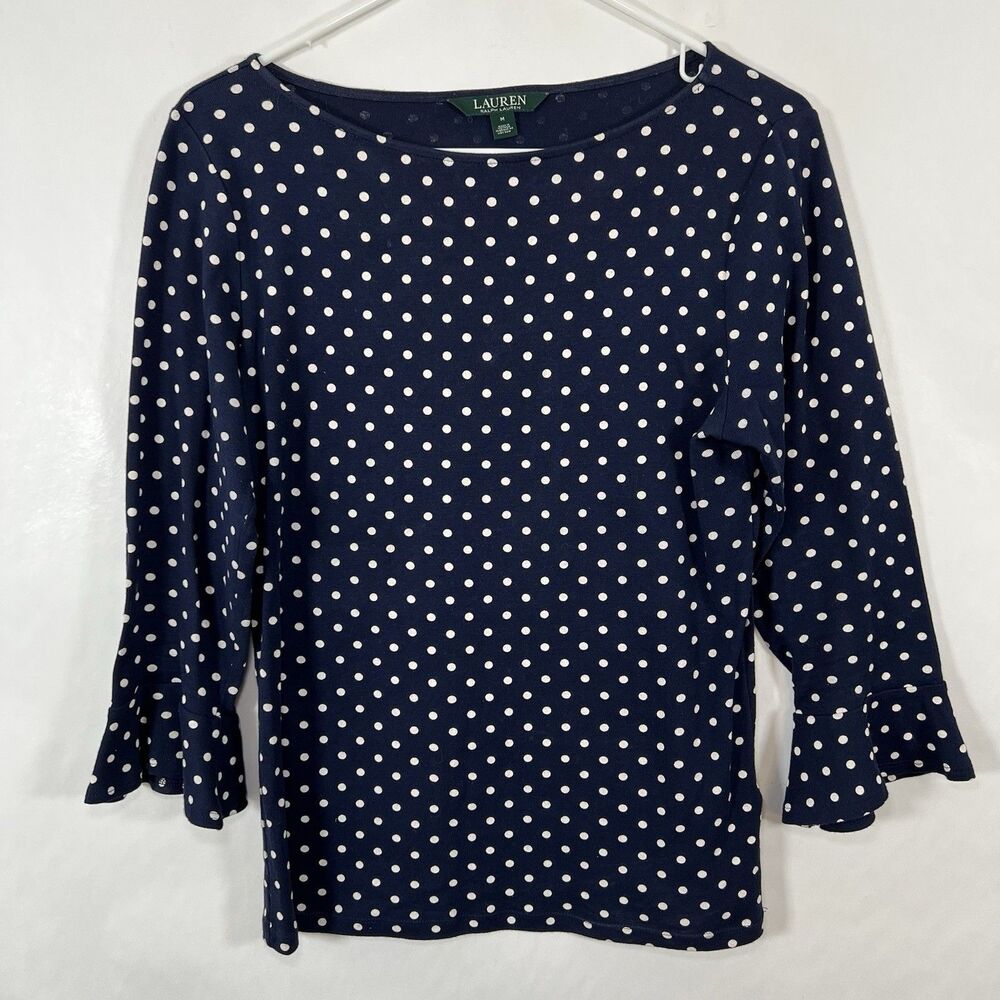 Lauren Ralph Lauren Navy White Polka Dot Bell Sleeve Blouse Top Womens Medium